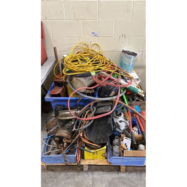 PALLET OF ASSORTED SHOP ITEMS- TOOLS, HOSE, CLAMPS, CUTTERS, HOSE, TOOLBOX, EXTENSION CORDS & MORE