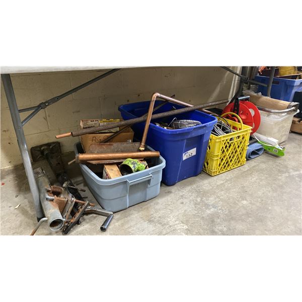 LARGE GROUP OF ASSORTED ITEMS- HOSE REEL, COPPER PIPES, TRAILER JACK, PLUMBING PARTS, CONCRETE MIX