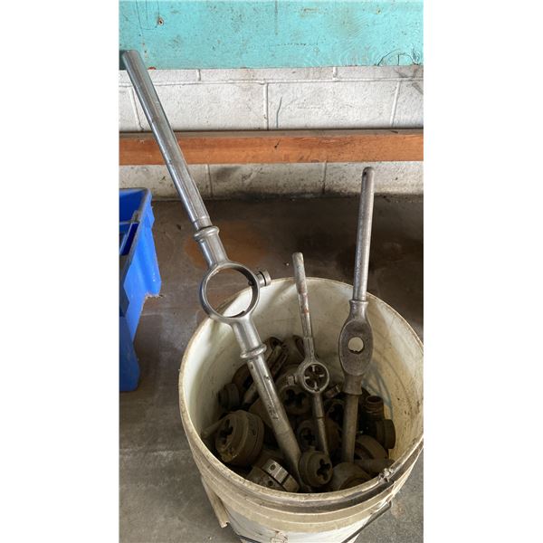 PAIL OF ASSORTED HEAVY DUTY TAPS AND DIES