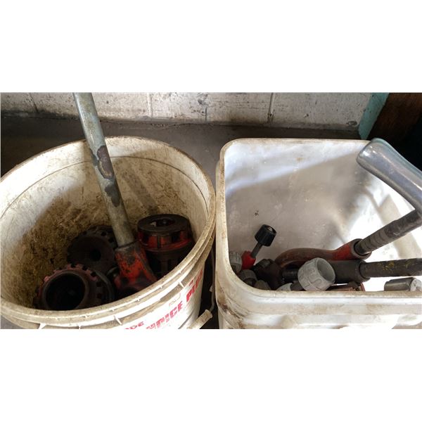 2 BUCKETS OF RIDGID PIPE THREADING TOOLS