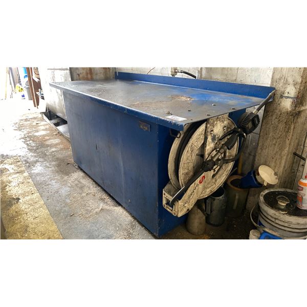 LARGE BLUE INDUSTRIAL OIL TANK SYSTEM WITH SAMSON NOZZLE DISPENSER APPROX 80"L X 32"D X 38"H