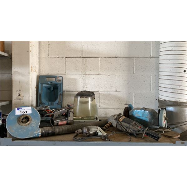 SHELF OF ASSORTED VINTAGE TOOLS- CADILLAC BLOWER, BLACK & DECKER 7611 ROUTER KIT, CRAFTSMAN
