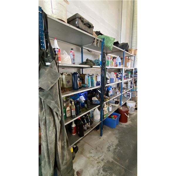 LARGE METAL SHELVING UNIT WITH ASSORTED CONTENTS- MOTOR OILS, GEAR OIL, MARKING PAINT, LUBRICANTS,