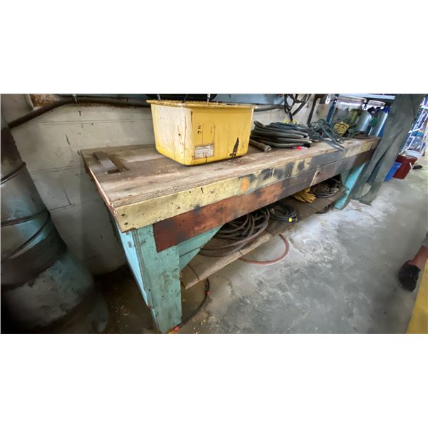 WOODEN WORK BENCH WITH ASSORTED SHOP CONTENTS- MEASURES APPROX 103"L X 24"D X 34"H
