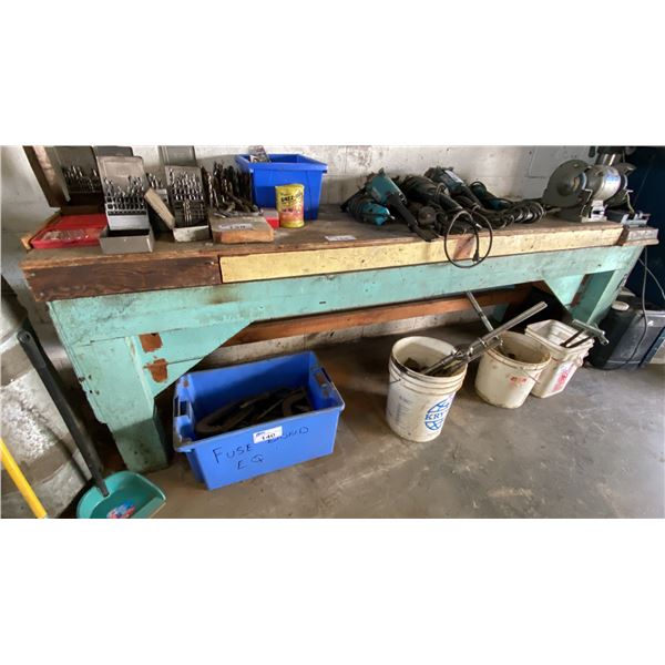 WOODEN WORK BENCH, MEASURES APPROX 103"L X 24"D X 34"H *CONTENTS NOT INCLUDED*