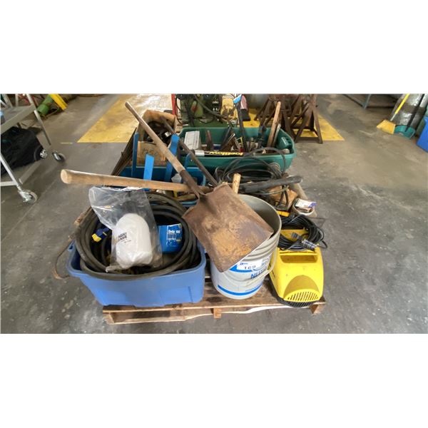 PALLET OF ASSORTED SHOP ITEMS INCLUDING KARCHER 330 ELECTRIC PRESSURE WASHER, HAND TOOLS, HARDWARE,