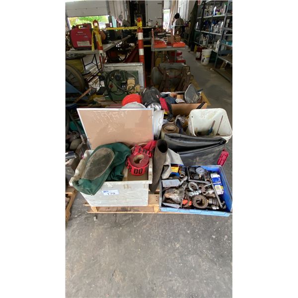 PALLET OF ASSORTED SHOP ITEMS INCLUDING TOOLS, WORK LIGHTS, HARDWARE, PARTS, COMMAND HOOKS, HARD