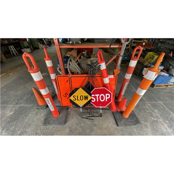 GROUP OF ASSORTED TRAFFIC CONTROL ITEMS- SIGNS, DELINEATORS, SIGN STANDS & HAND SIGNS