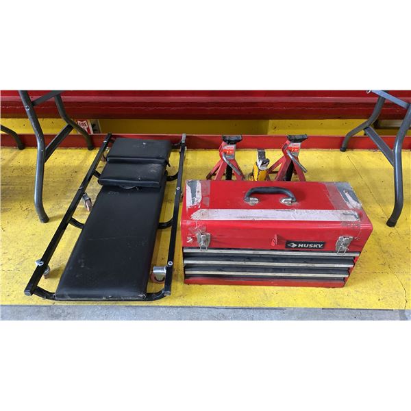 RED METAL TOOL BOX, 3 JACK STANDS & MECHANICS CREEPER