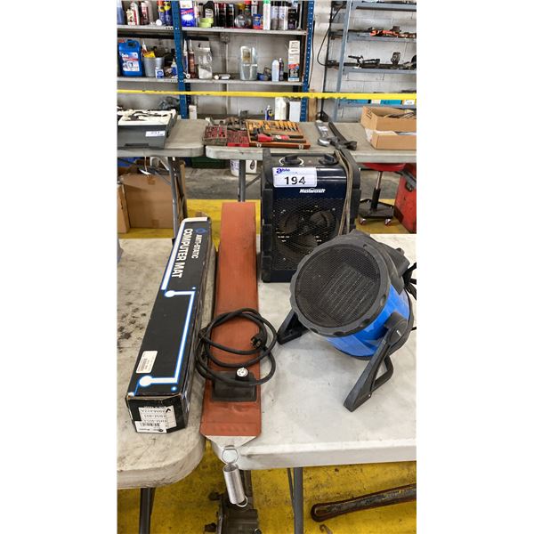 2 SMALL HEATERS, BARREL HEATER & ANTI STATIC COMPUTER MAT