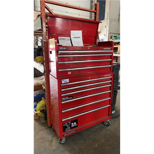 HUSKY 40" RED 10 DRAWER TOOL CHEST & CABINET SET WITH ASSORTED TOOL CONTENTS