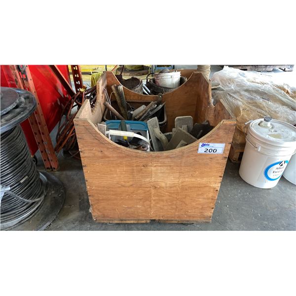 WOODEN MOBILE STORAGE BOX WITH ASSORTED TOOLS