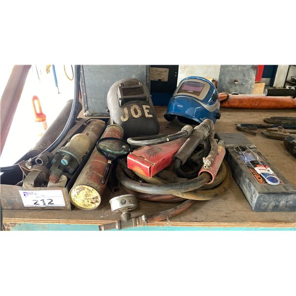 GROUP OF ASSORTED WELDING ITEMS- HELMETS, WELDING RODS, STICK GUNS & MORE
