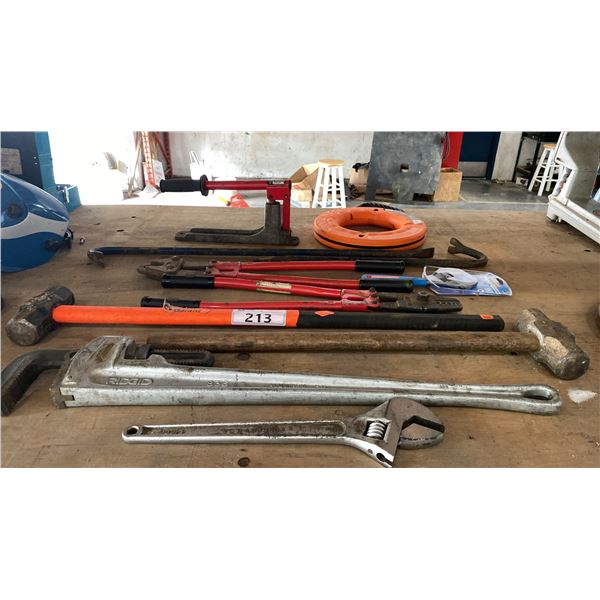GROUP OF ASSORTED HEAVY DUTY HAND TOOLS & KLEIN TOOLS 240' STEEL FISH TAPE