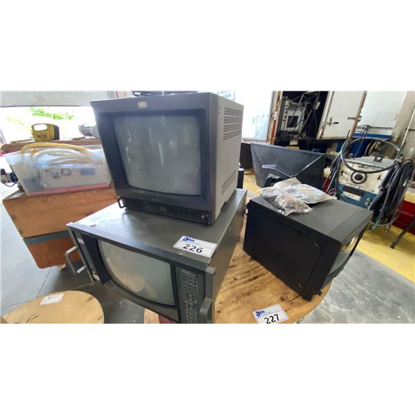 GROUP OF ASSORTED SURVEILLANCE MONITORS, MSI COMPUTER MONITOR, GEMINI PMX-1100 STEREO MIXER,