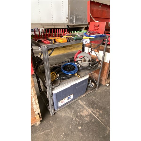 SMALL METAL SHELVING UNIT WITH ASSORTED TOOL CONTENTS- SKILSAW, STAPLE GUNS, COLEMAN COOLER, SOCKET