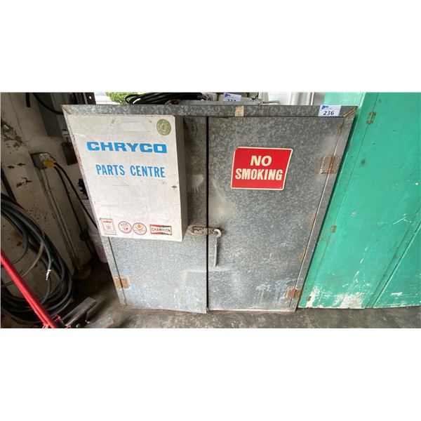 GALVANIZED METAL STORAGE CABINET WITH LARGE ASSORTMENT OF GRINDING DISCS, SANDING BELTS, WIRE BENCH