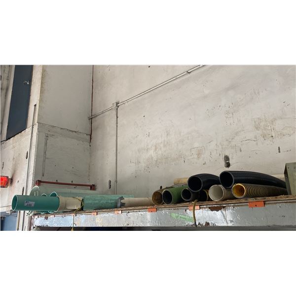 SHELF OF ASSORTED PIPE- PVC PIPE, SUCTION PIPES & BOX OF BRACKETS