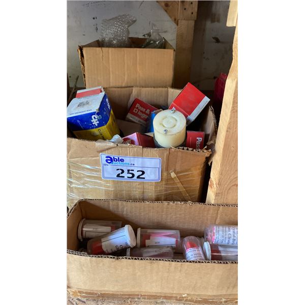 3 BOXES OF PLUGS, GLASS CLEANER & BELTS
