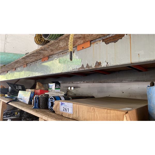 SHELF OF ASSORTED CHAIN, HOSE, PARTS & HARDWARE