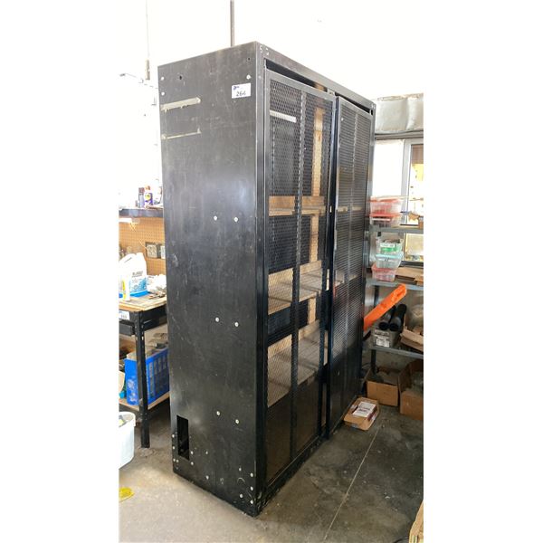 LARGE BLACK METAL SERVER CABINET WITH WOOD SHELVING APPROX 54"W X 24"D X 88"H