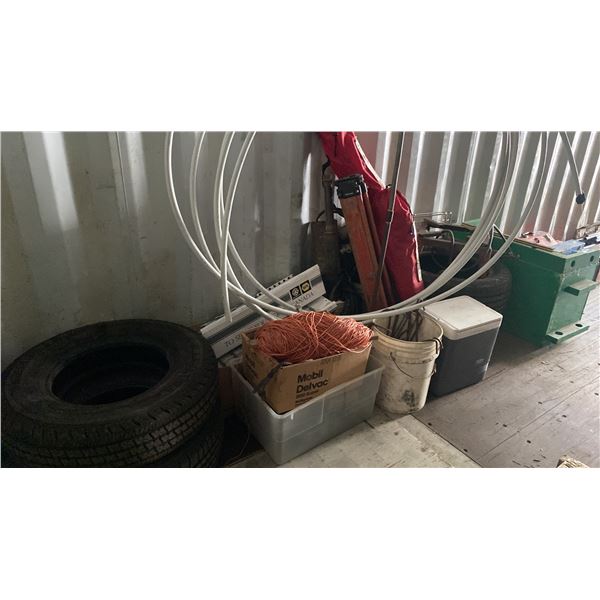 GROUP OF ASSORTED ITEMS- GAS STOCK POT BURNER, SPRINKLER SYSTEM, WOODEN TOOL CABINET, TIRES, CAMP