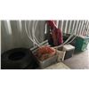 Image 1 : GROUP OF ASSORTED ITEMS- GAS STOCK POT BURNER, SPRINKLER SYSTEM, WOODEN TOOL CABINET, TIRES, CAMP