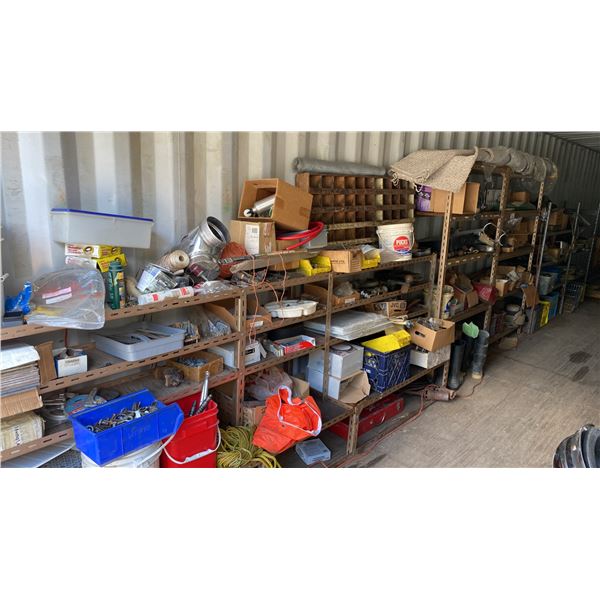 APPROX 20'L ASSORTED METAL ADJUSTABLE SHELVING WITH CONTENTS INCLUDING PARTS, HARDWARE, TRAILER