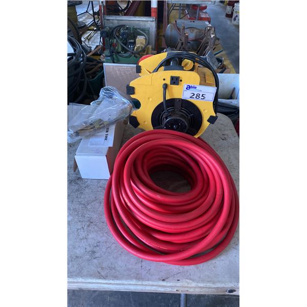 PORTABLE ELECTRIC FAN, PUNCH CENTER TOOL & RED APPROX 100' AIRLINE HOSE