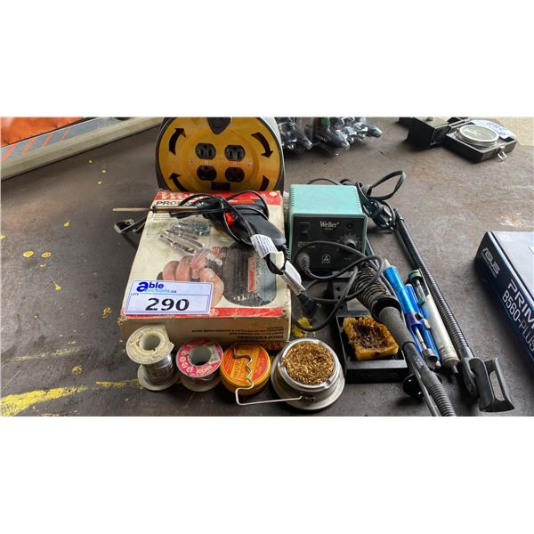 2 WELLER SOLDERING GUNS, SOLDERING TOOLS & EXTENSION CORD ON REEL