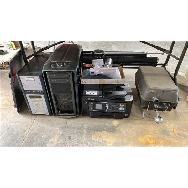 GROUP OF ASSORTED OFFICE EQUIPMENT- COMPUTERS, PROJECTOR SCREENS, EPSON PRINTER, HANDHELD ATOMIZER,