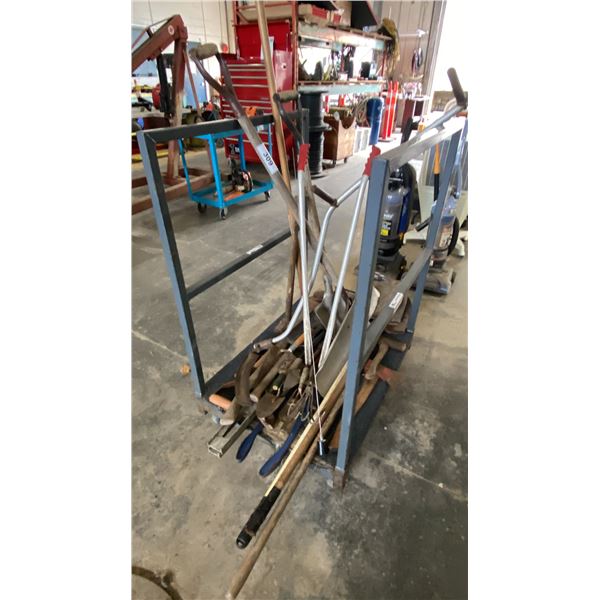 LARGE GROUP OF ASSORTED GARDEN TOOLS- SHOVELS, AXES, HAND TOOLS & MORE