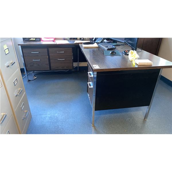 DARK WOOD/METAL FRAME L-SHAPED OFFICE DESK APPROX 72"W X 77"D
