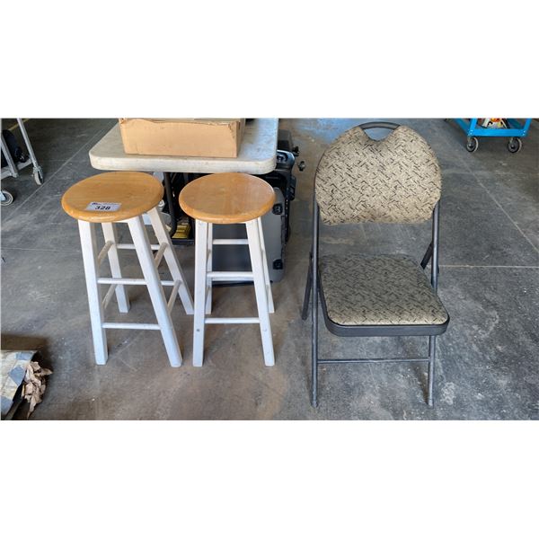PAIR OF WOODEN STOOLS & PADDED FOLDING CHAIR
