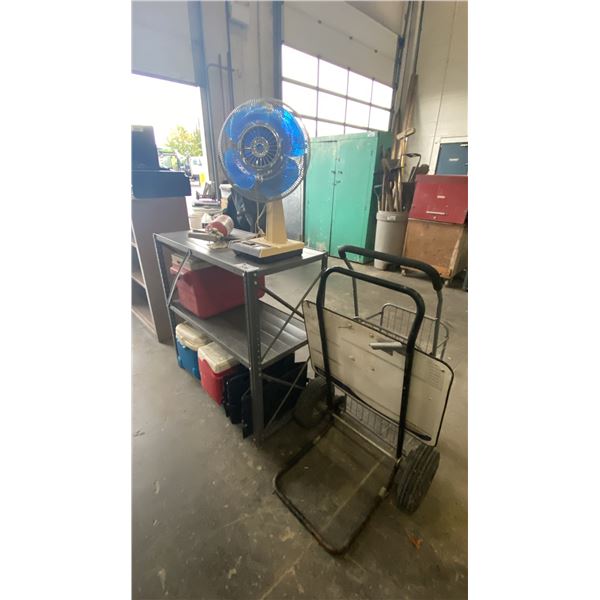 SMALL GREY 2 TIER METAL SHELF WITH ASSORTED COOLERS, 2 CARTS, FAN & FIRE EXTINGUISHER