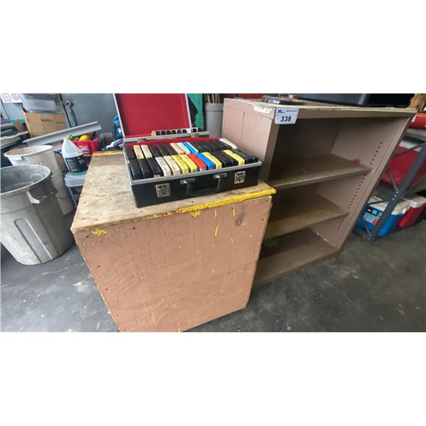 GROUP OF ASSORTED 8 TRACKS, CASSETTE TAPES & 2 WOODEN SHELVES