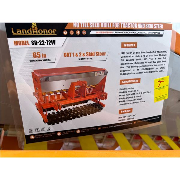 New Landhonor  SD2272W  No Till Seed Drill For Tractor/Skid Steer