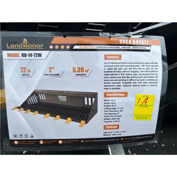 2-New Landhonor  RB1472W Rock Bucket For Skid Loader - 2 X $