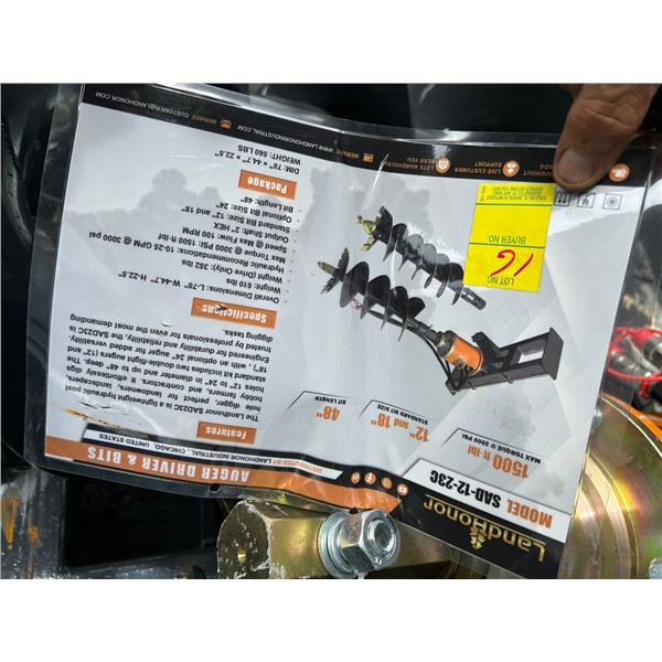 2-New Landhonor  SAD1223C Auger Driver, 2 Bits Set Attachment For Skid Loader -