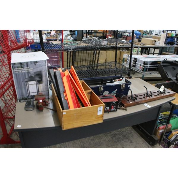 Battery Charger, Wall Mount Lantern, Bench Vise, Safety Triangle, Coat Hook