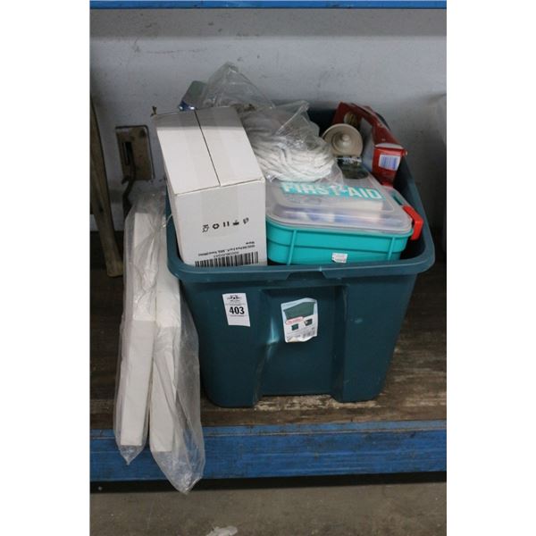 Plastic Tote w/First Aid, Asst. Supplies, Painting Canvas