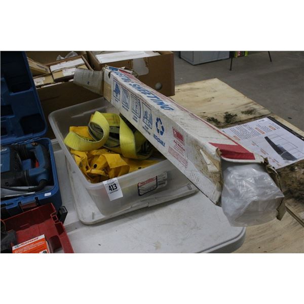 Lidded Bin w/Plastic Sheeting Rain Garb, Ratchet Tie Down