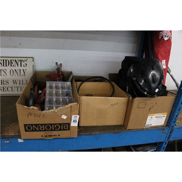 Boxes 2 w/Chaulk Guns, Tools, Oil Filter Tools, Catchers Helmet