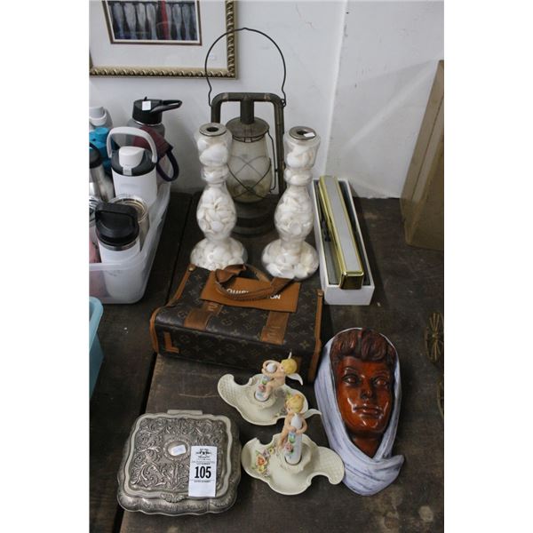 Vtg. Lantern, Silver Storage Box, Cherub Candles, Bust, Sea Shell Candlesticks, Louis Vuitton Purse
