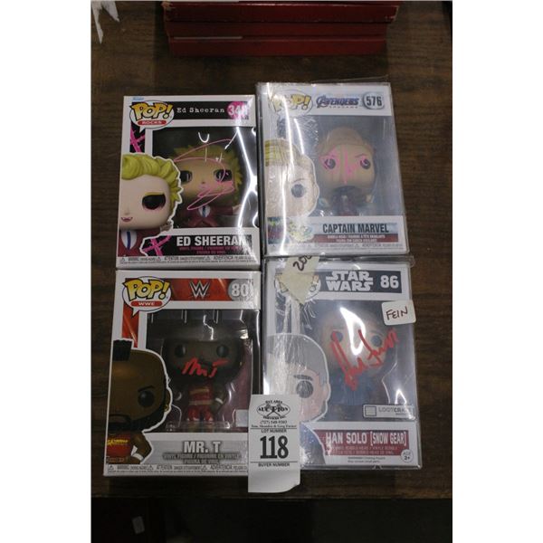 4-Collector Pop Figurine Mr. T, Han Solo, Ed Sherwin, Captain Marvel Autographed - 4 X $