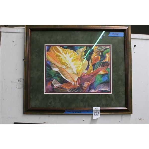 Framed Floral Art Cup of Gold Signed Denson