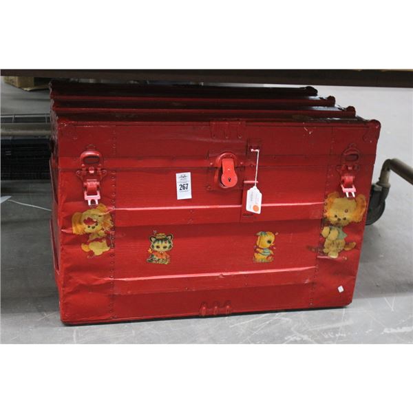 Vintage Red Animal Motif Steamer Trunk