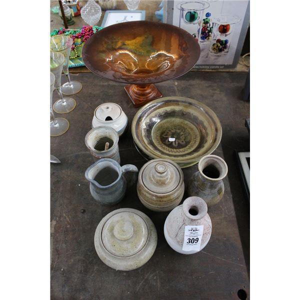Art Glass Bowl, Asst. Glazed Bowls, Vases, Pitcher