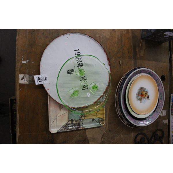 Enamel Plate w/Asst. Large Painted Dishes, Serving Tray