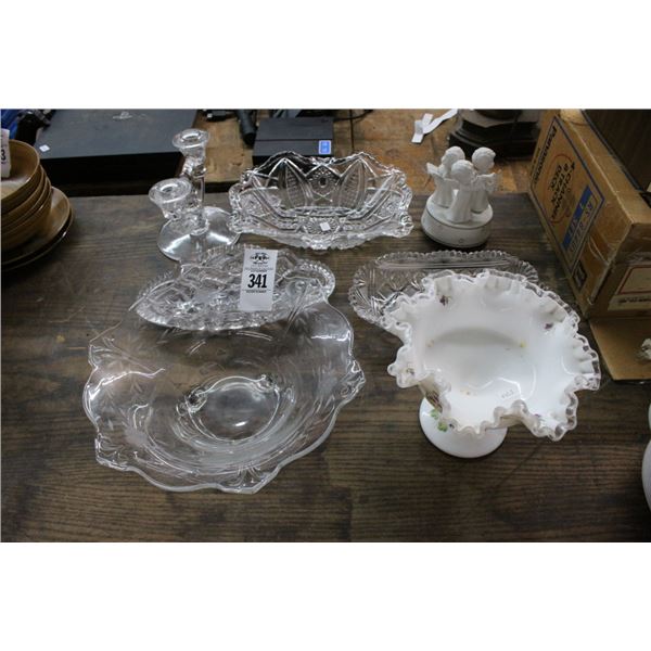 Pressed Glass Dishes, Bowls, Candlestick, Ruffled Glass, Cherub Music Box